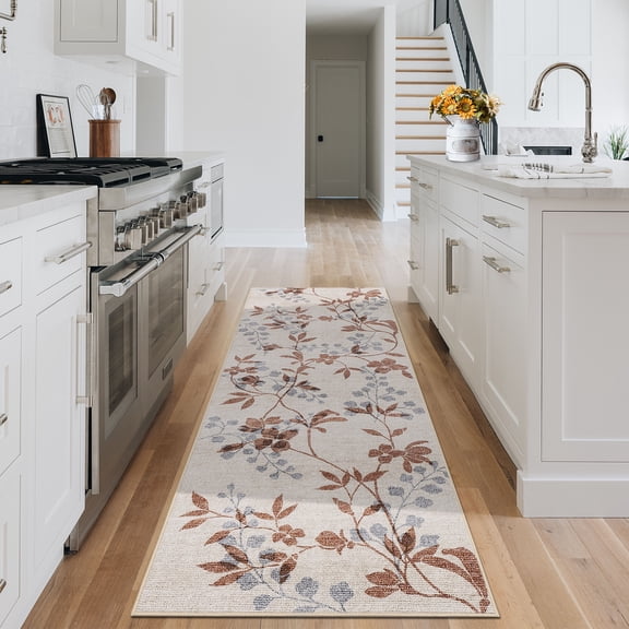 Hasoo Runner Rug 2x6 Non-Slip Washable Low Pile Floral Print for Kitchen Indoor Beige
