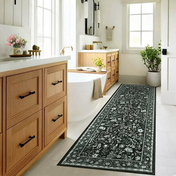Hasoo Runner Rug 2x6 Non-Slip Washable Low Pile Floral Print for Kitchen Indoor Black