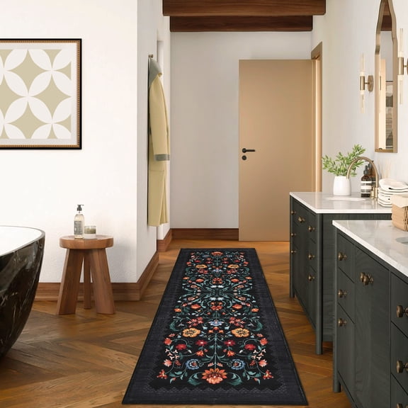 Hasoo Runner Rug 2x6 Non-Slip Washable Low Pile Floral Print for Kitchen Indoor Black