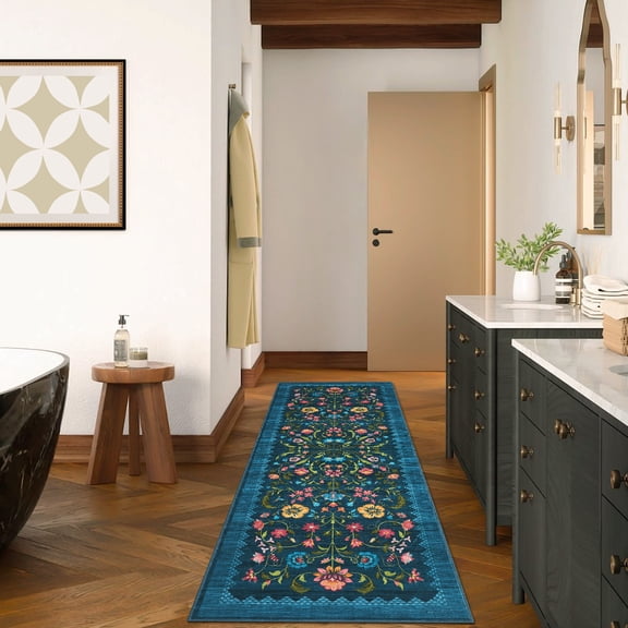 Hasoo Runner Rug 2x6 Non-Slip Washable Low Pile Floral Print for Kitchen Indoor Blue