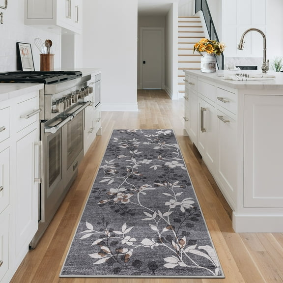 Hasoo Runner Rug 2x6 Non-Slip Washable Low Pile Floral Print for Kitchen Indoor Gray