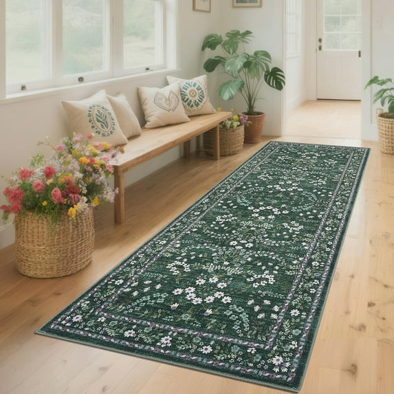 Hasoo Runner Rug 2x6 Non-Slip Washable Low Pile Floral Print for Kitchen Indoor Green