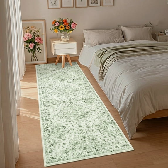 Hasoo Runner Rug 2x6 Non-Slip Washable Low Pile Floral Print for Kitchen Indoor Green