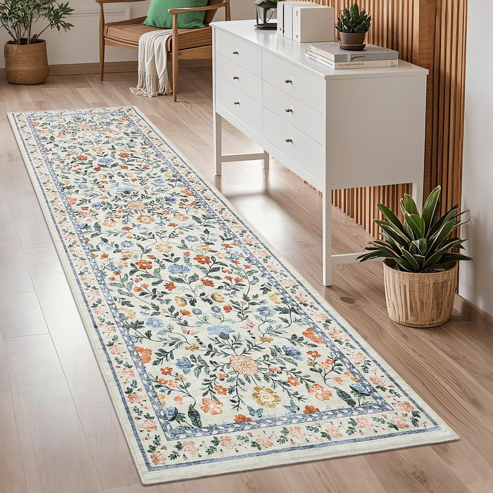 Hasoo Runner Rug 2x6 Non-Slip Washable Low Pile Floral Print for Kitchen Indoor Green