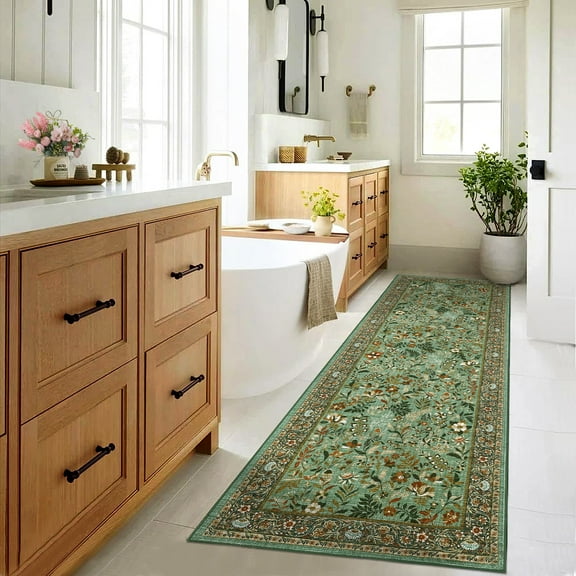 Hasoo Runner Rug 2x6 Non-Slip Washable Low Pile Floral Print for Kitchen Indoor Light Green