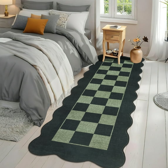 Hasoo Runner Rug 2x6 Non-Slip Washable Low Pile Scalloped Checkered Print for Kitchen Indoor Black/Green