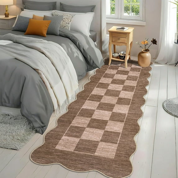 Hasoo Runner Rug 2x6 Non-Slip Washable Low Pile Scalloped Checkered Print for Kitchen Indoor Brown/Pink