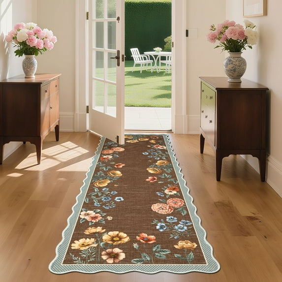 Hasoo Runner Rug 2x6 Non-Slip Washable Low Pile Scalloped Floral Print for Kitchen Indoor Brown