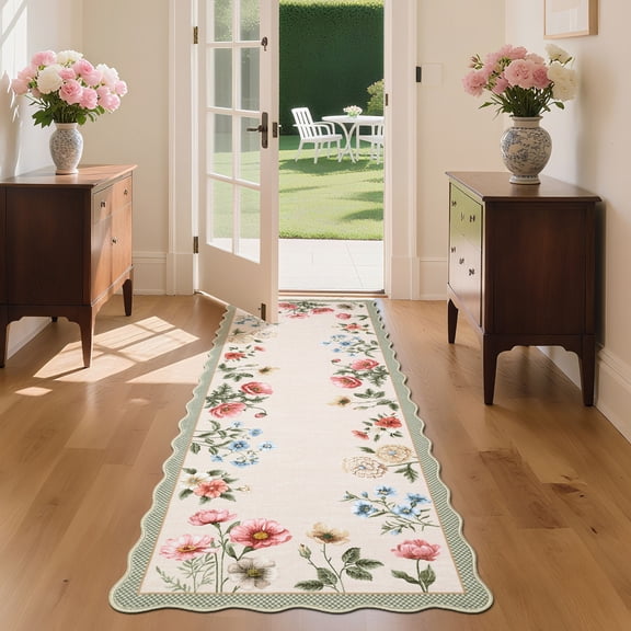 Hasoo Runner Rug 2x6 Non-Slip Washable Low Pile Scalloped Floral Print for Kitchen Indoor Camel