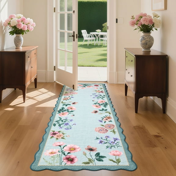 Hasoo Runner Rug 2x6 Non-Slip Washable Low Pile Scalloped Floral Print for Kitchen Indoor Light Blue