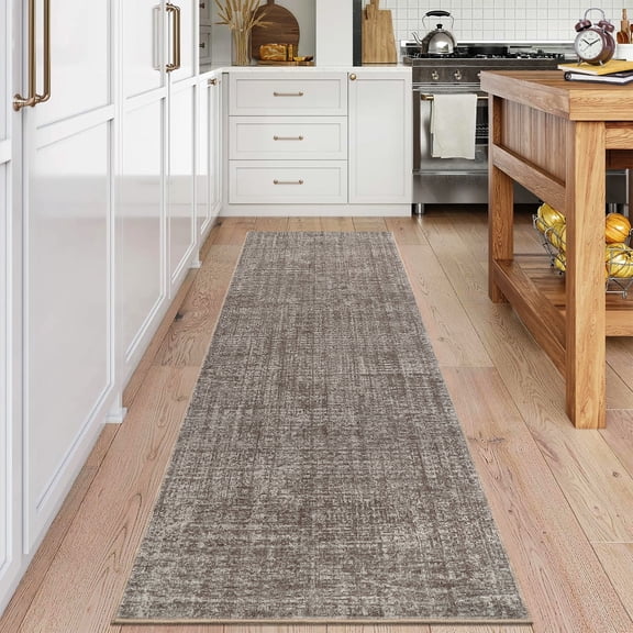 Hasoo Runner Neutral Rug 2x6 Non-Slip Washable Low Pile Solid Print for Kitchen Indoor Brown