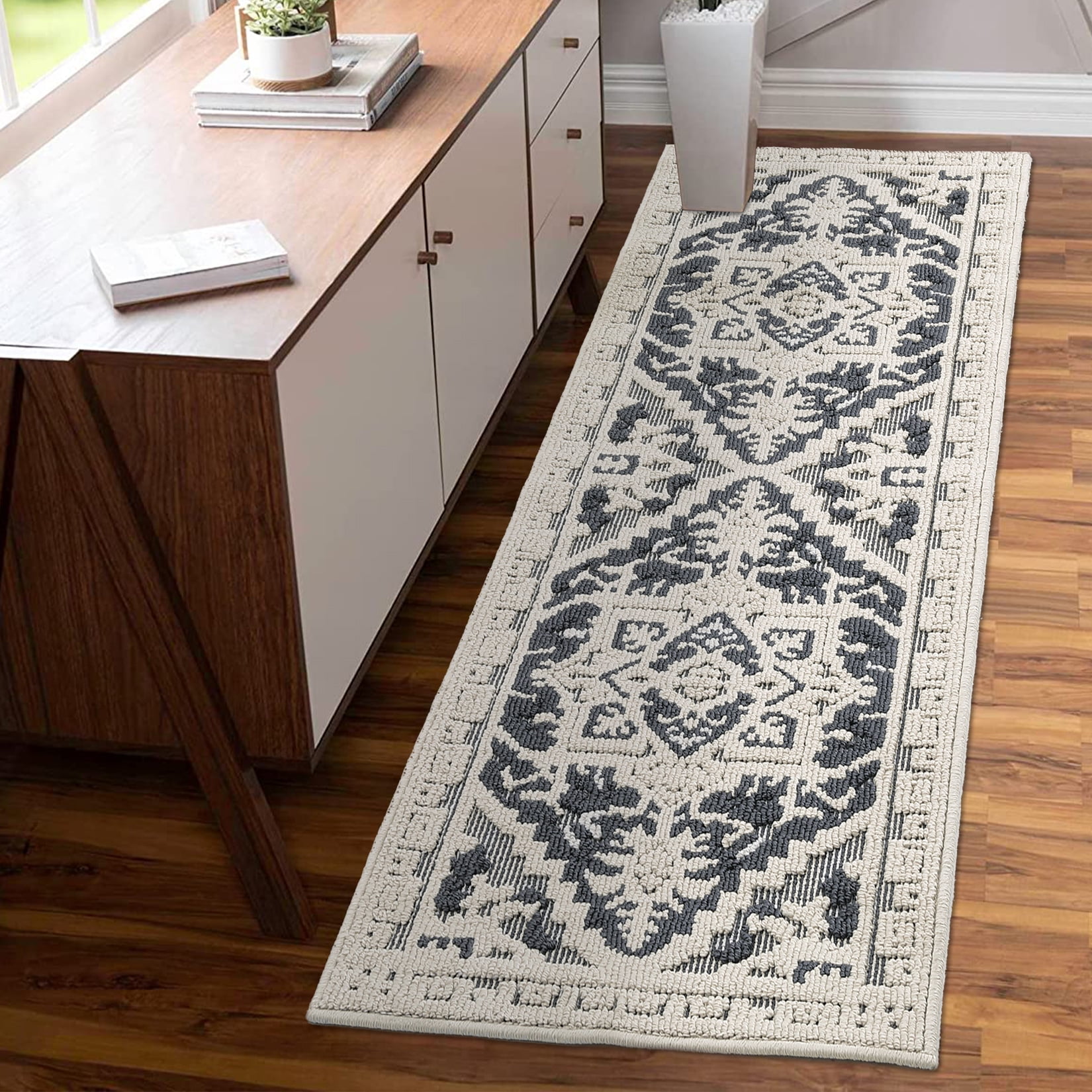 Hasoo Runner Rug 2x6 Rug for Living Room Shag Rug Vintage Boho High Low Pile Medallion Throw Rugs, Gray