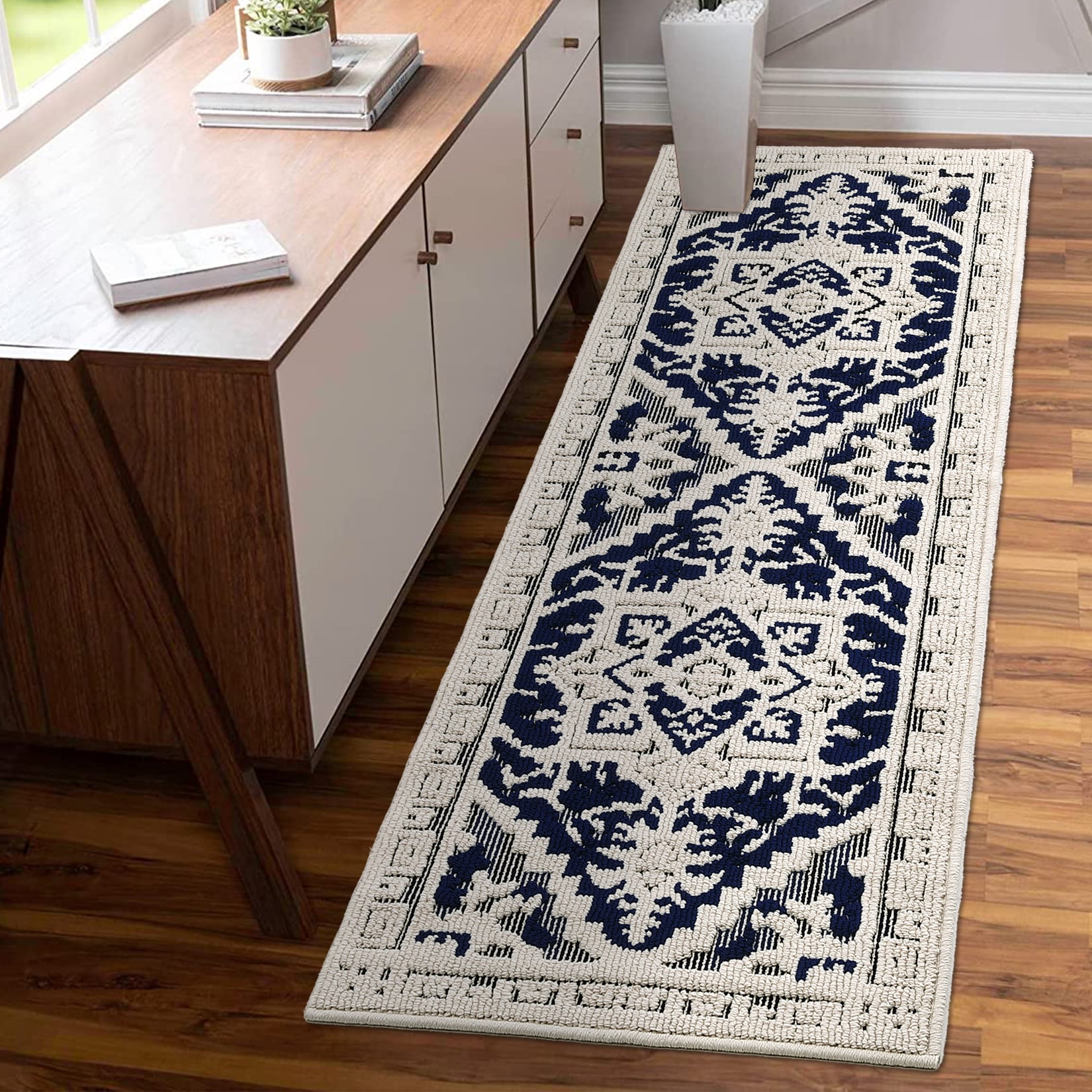 Hasoo Runner Rug 2x6 Rug for Living Room Shag Rug Vintage Boho High Low Pile Medallion Throw Rugs, Navy