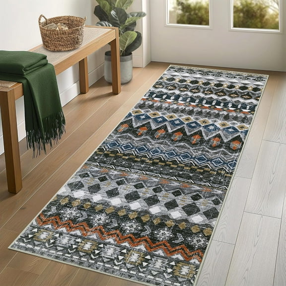 Hasoo Runner Rug 2x6 Washable Distressed Geometric Printed Hallway Rug for Kitchen, Gray/Blue
