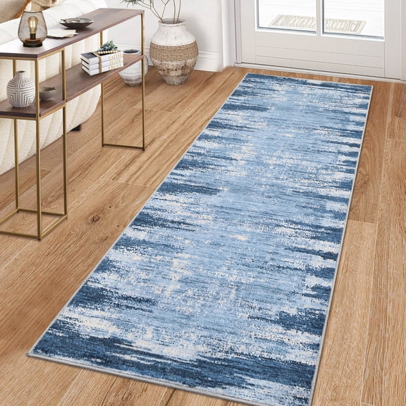 Hasoo Runner Rug for Hallway Modern Border Pattern Premium Polyester Blue Area Rug, 2' x 6'