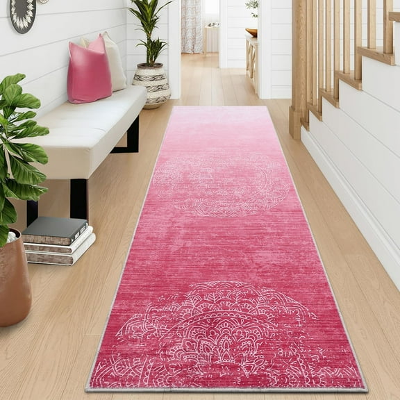 Hasoo Runner Rug for Hallway Modern Ombre Medallion Pattern Premium Polyester Pink Area Rug, 2' x 6'