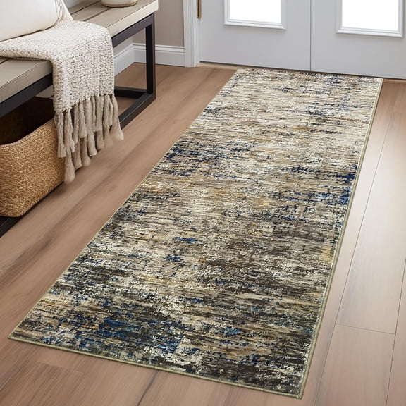 Hasoo Runner Rugs 2' x 6' Abstract Area Rugs for Living Room Low Pile Carpet, Navy/Taupe