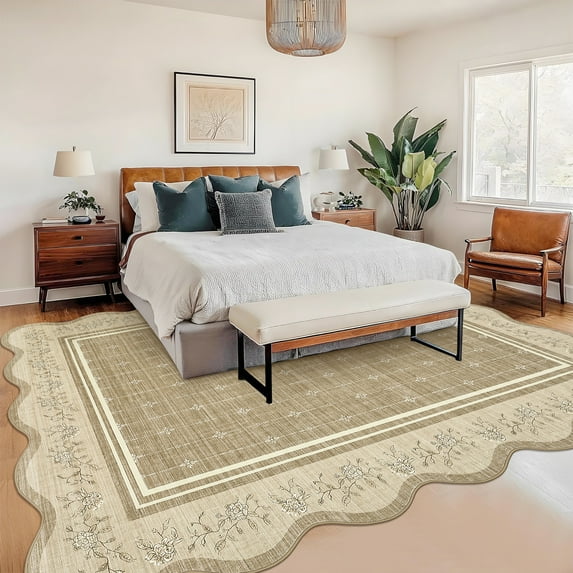 Hasoo Scalloped Area Rug for Living Room Washable 5' x 7' Non Shedding Neutral Indoor Decor Floral Printed Carpet, Brown