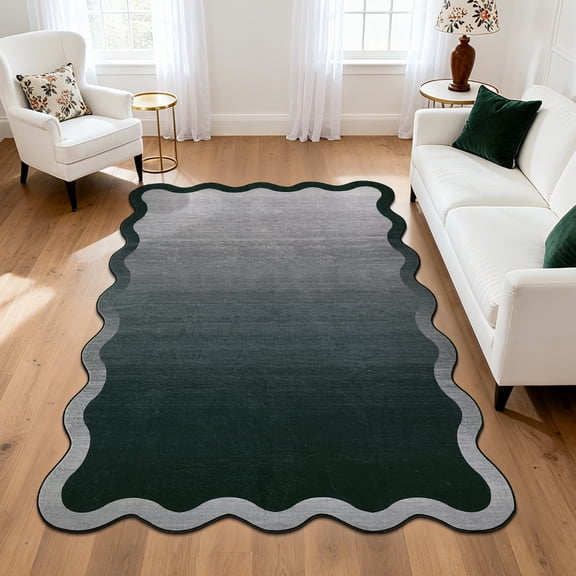 Hasoo Scalloped Area Rug for Living Room Washable 5' x 7' Non Shedding Neutral Indoor Decor Ombre Printed Bordered Carpet, Black