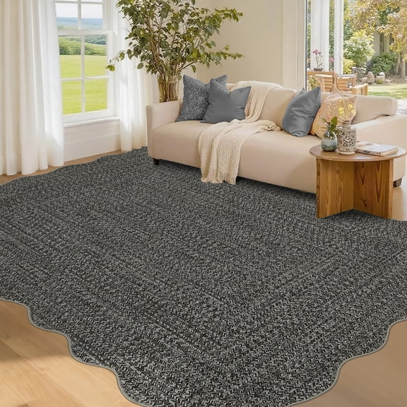 Hasoo Scalloped Area Rug for Living Room Washable 5' x 7' Non Shedding Neutral Indoor Decor Printed Carpet with Braided Pattern, Dark Gray