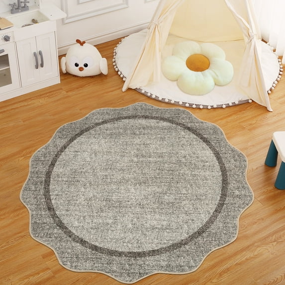 Hasoo Scalloped Area Rug for Living Room Washable Round 4' Non Shedding Neutral Indoor Decor Bordered Carpet, Brown