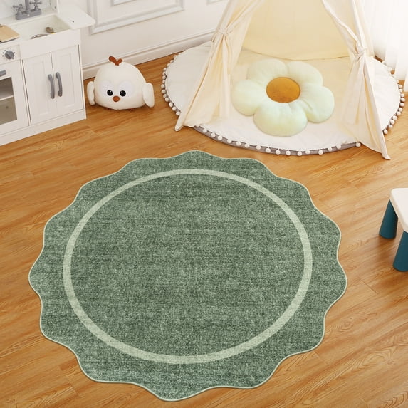 Hasoo Scalloped Area Rug for Living Room Washable Round 4' Non Shedding Neutral Indoor Decor Bordered Carpet, Green