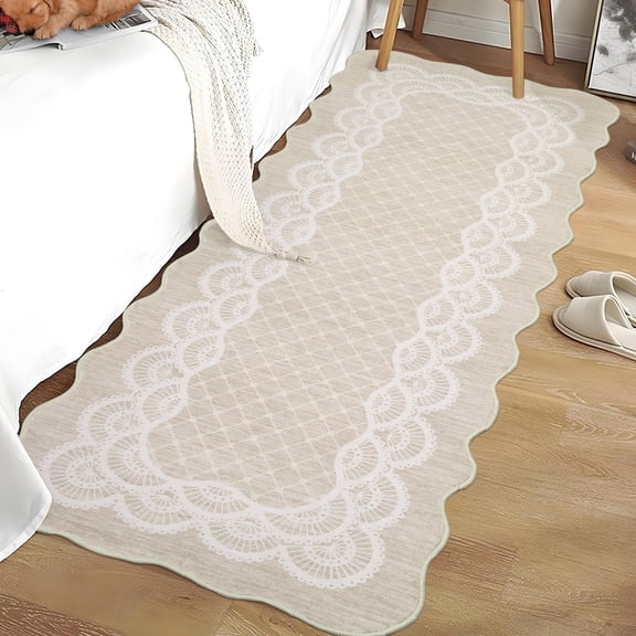 Hasoo Scalloped Runner Rug 2x6 Non-Slip Washable Low Pile Border Print for Kitchen Indoor Beige