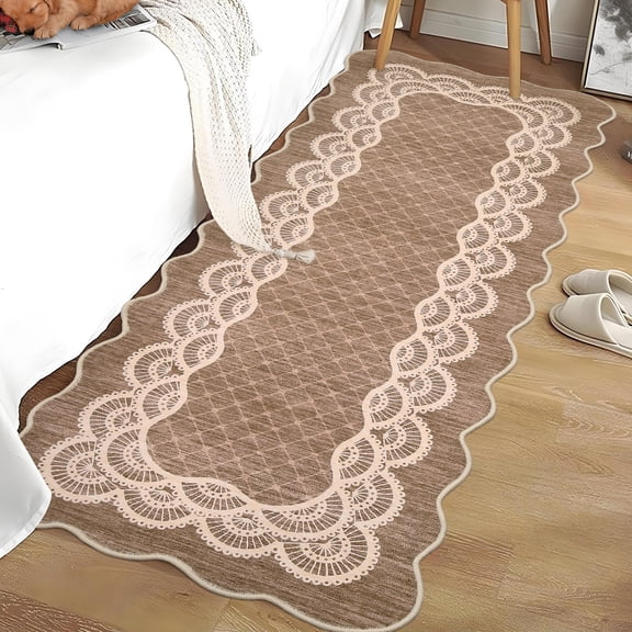 Hasoo Scalloped Runner Rug 2x6 Non-Slip Washable Low Pile Border Print for Kitchen Indoor Brown
