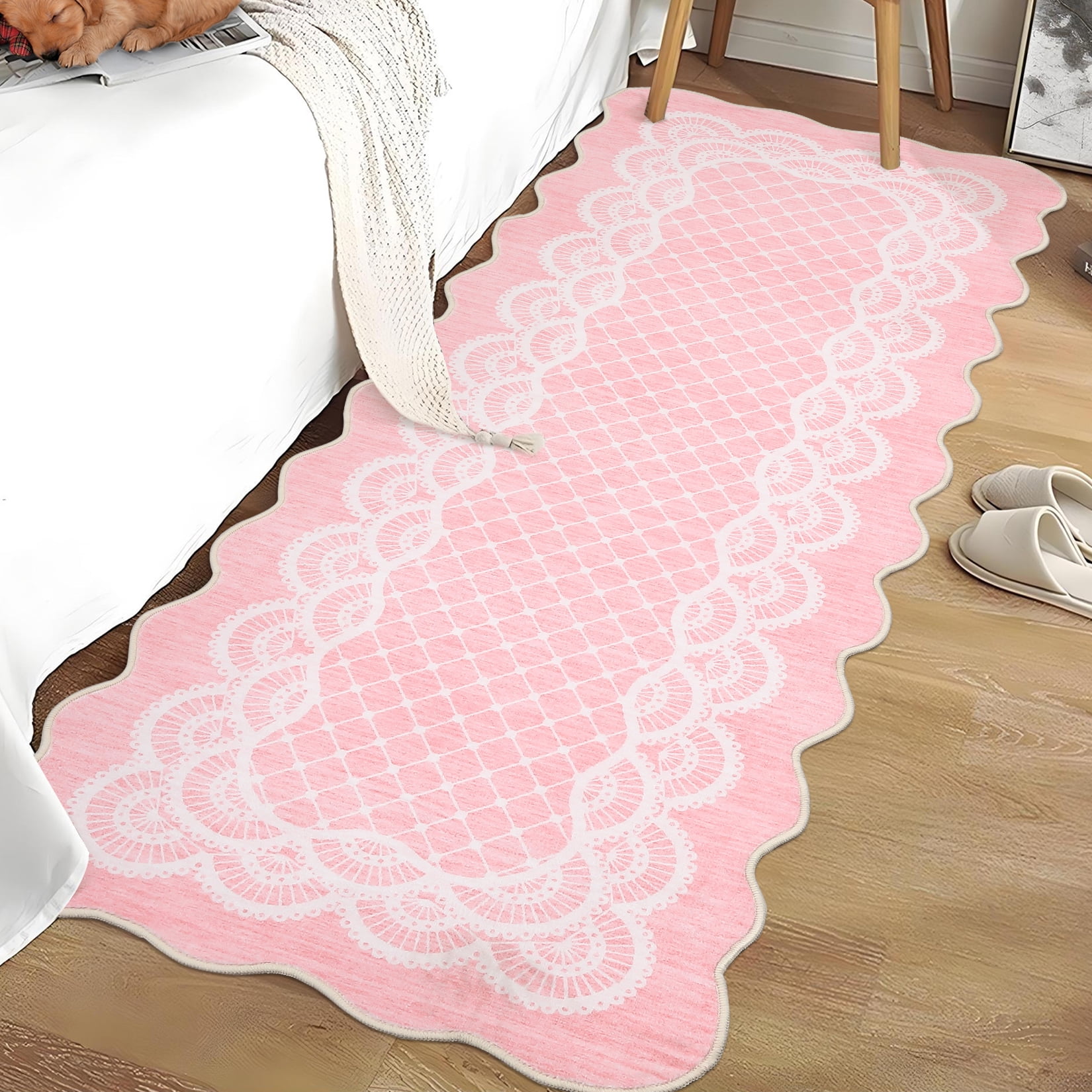 Hasoo Scalloped Runner Rug 2x6 Non-Slip Washable Low Pile Border Print for Kitchen Indoor Pink