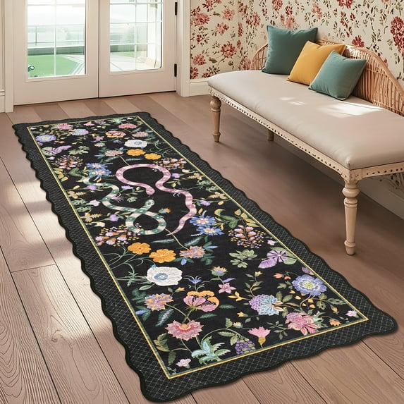Hasoo Scalloped Runner Rug 2x6 Non-Slip Washable Low Pile Floral Snake Print for Kitchen Indoor Black
