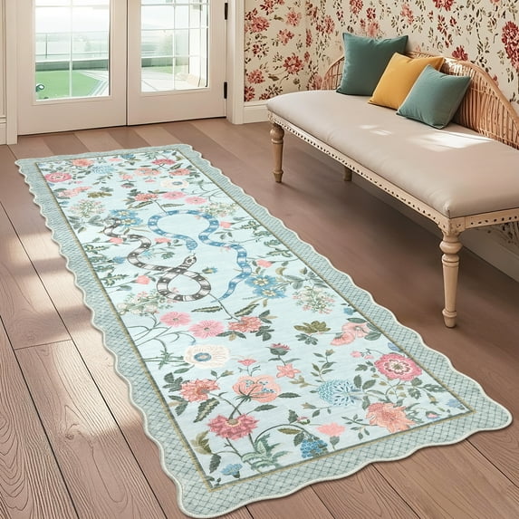 Hasoo Scalloped Runner Rug 2x6 Non-Slip Washable Low Pile Floral Snake Print for Kitchen Indoor Blue