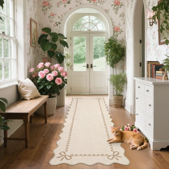 Hasoo Scalloped Runner Washable 2' x 6' Throw Rug for Hallway Enterway Neutral Indoor Beige Bordered Bow Printed Carpet