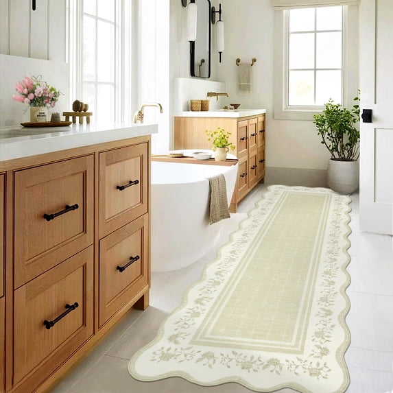 Hasoo Scalloped Runner Washable 2' x 6' Throw Rug for Hallway Enterway Neutral Indoor Beige Floral Printed Carpet