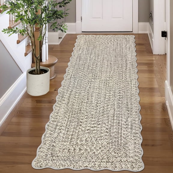 Hasoo Scalloped Runner Washable 2' x 6' Throw Rug for Hallway Enterway Neutral Indoor Beige Printed Carpet with Braided Pattern