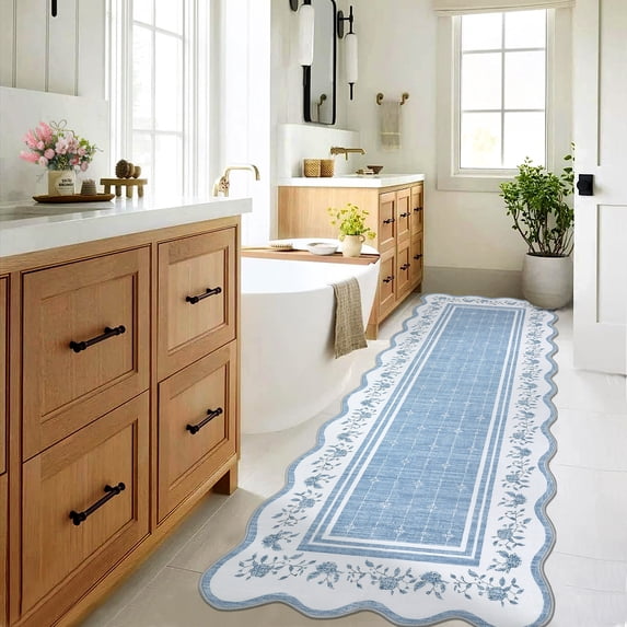 Hasoo Scalloped Runner Washable 2' x 6' Throw Rug for Hallway Enterway Neutral Indoor Blue Floral Printed Carpet