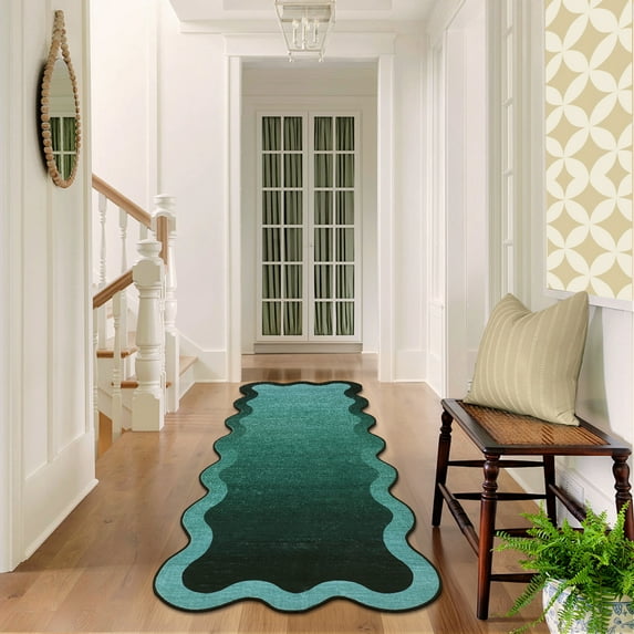 Hasoo Scalloped Runner Washable 2' x 6' Throw Rug for Hallway Enterway Neutral Indoor Green Ombre Printed Bordered Carpet