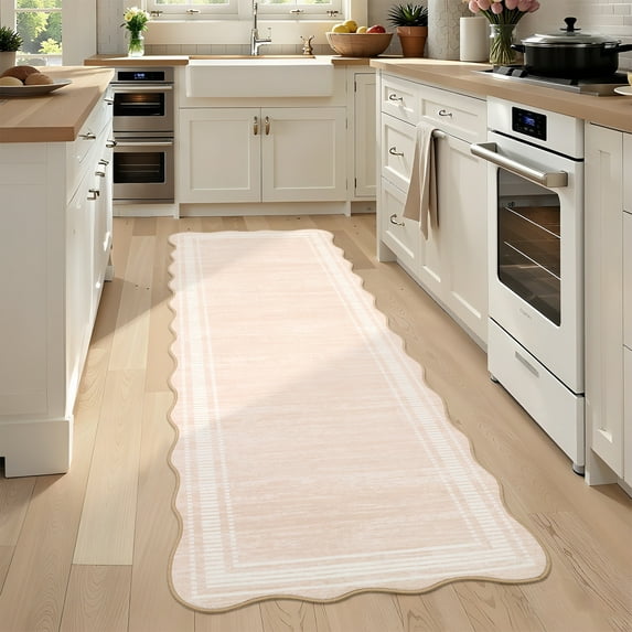 Hasoo Scalloped Runner Washable 2' x 6' Throw Rug for Hallway Enterway Neutral Indoor Taupe Bordered Carpet