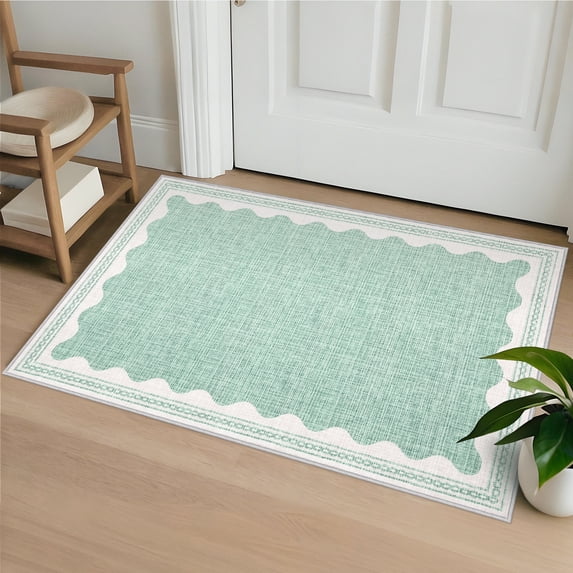 Hasoo Scalloped Washable Area Rug for Living Room Dorm Non Slip Indoor Geometric Bordered Throw Carpet, 2' x 3' Green