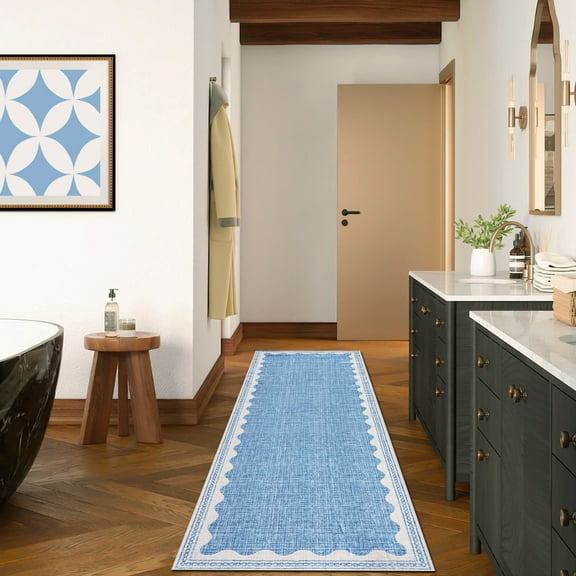 Hasoo Scalloped Washable Area Rug for Living Room Dorm Non Slip Indoor Geometric Bordered Throw Carpet, 2' x 6' Blue