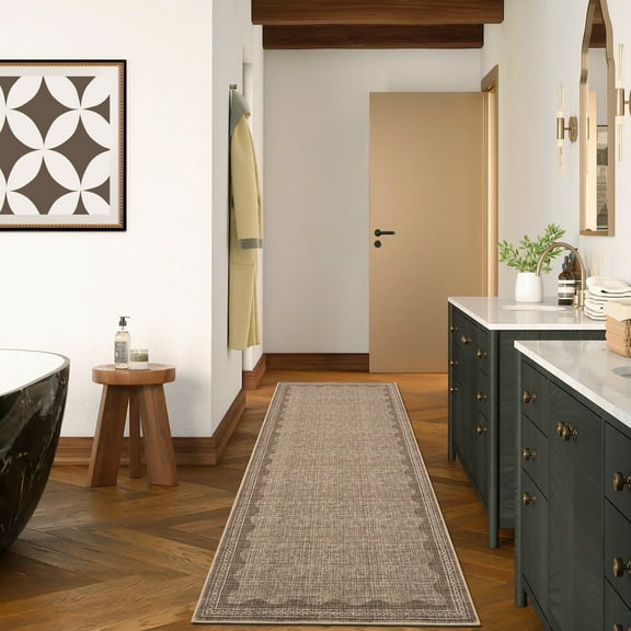 Hasoo Scalloped Washable Area Rug for Living Room Dorm Non Slip Indoor Geometric Bordered Throw Carpet, 2' x 6' Brown