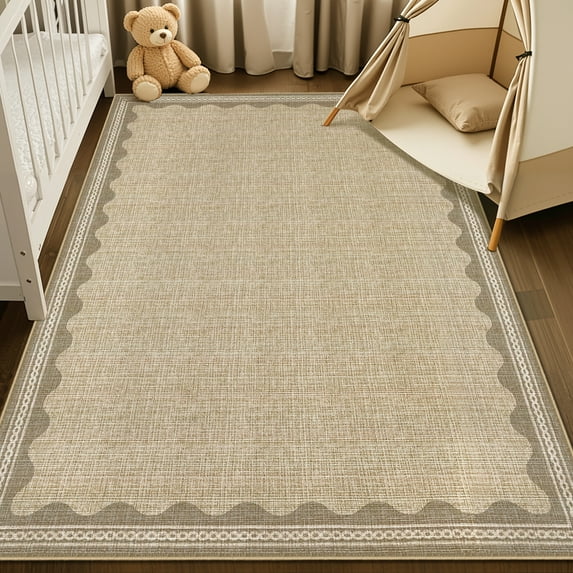 Hasoo Scalloped Washable Area Rug for Living Room Dorm Non Slip Indoor Geometric Bordered Throw Carpet, 3' x 5' Natural