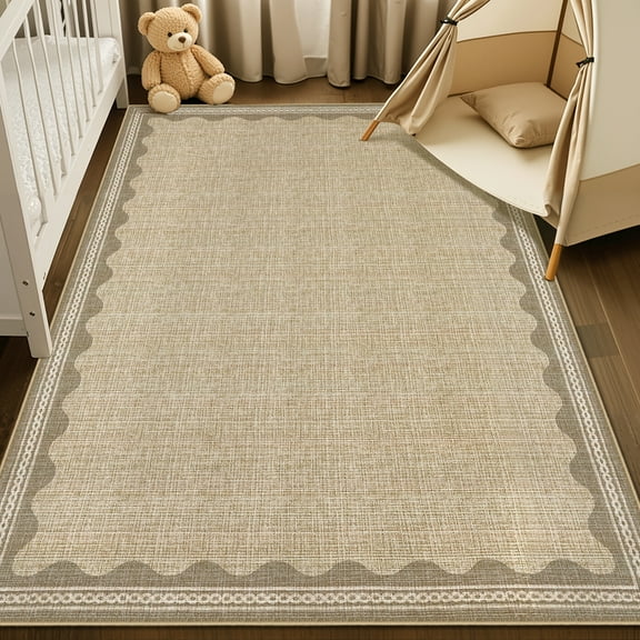 Hasoo Scalloped Washable Area Rug for Living Room Dorm Non Slip Indoor Geometric Bordered Throw Carpet, 3' x 5' Natural