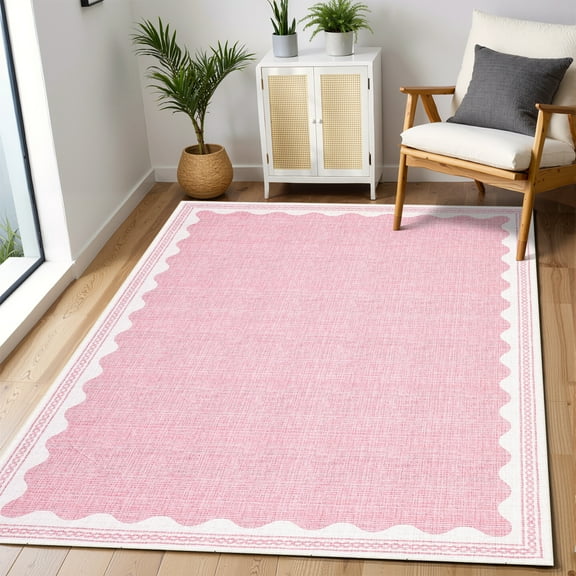 Hasoo Scalloped Washable Area Rug for Living Room Dorm Non Slip Indoor Geometric Bordered Throw Carpet, 3' x 5' Pink