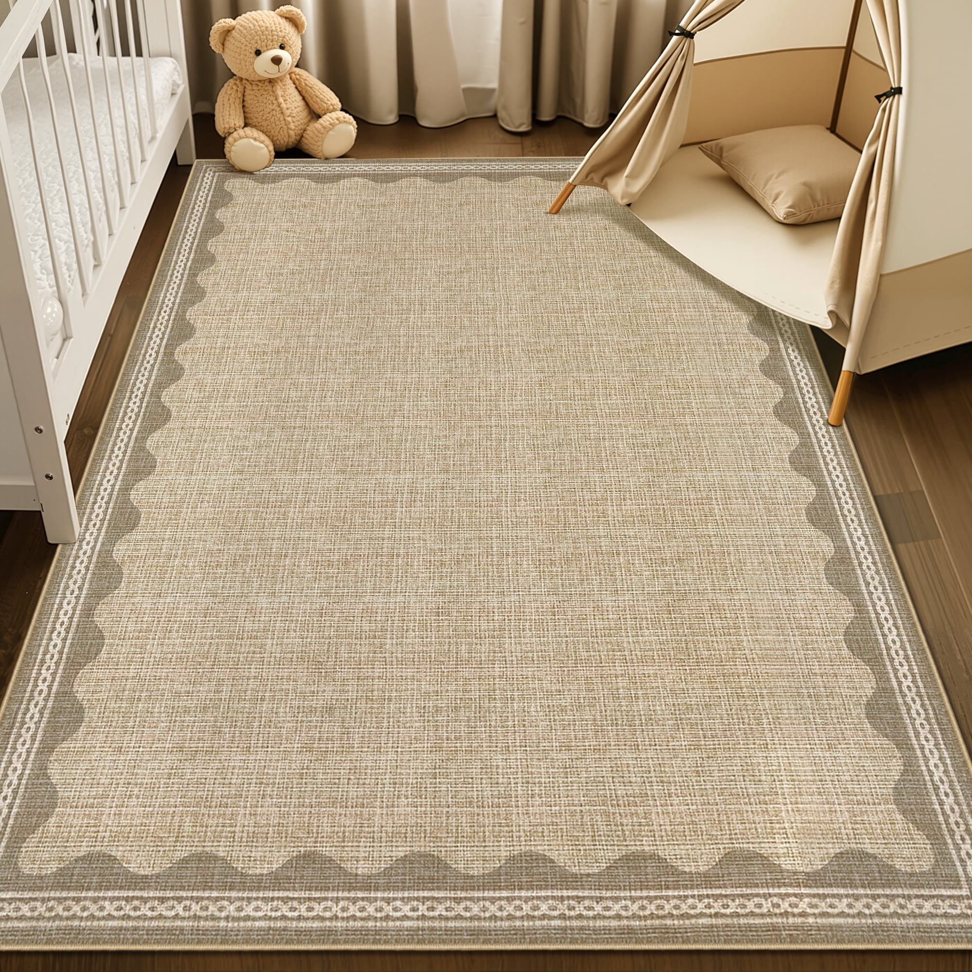Hasoo Scalloped Washable Area Rug for Living Room Dorm Non Slip Indoor Geometric Bordered Throw Carpet, 4' x 6' Natural
