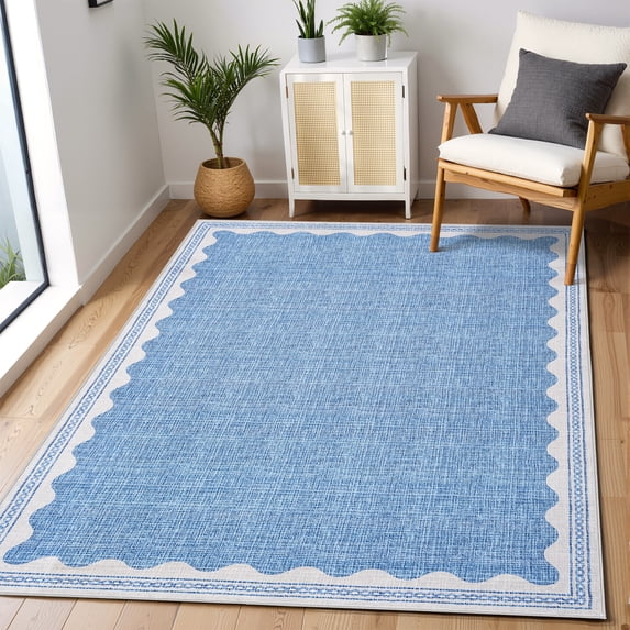 Hasoo Scalloped Washable Area Rug for Living Room Dorm Non Slip Indoor Geometric Bordered Throw Carpet, 5' x 7' Blue