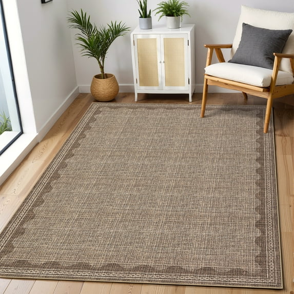 Hasoo Scalloped Washable Area Rug for Living Room Dorm Non Slip Indoor Geometric Bordered Throw Carpet, 5' x 7' Brown