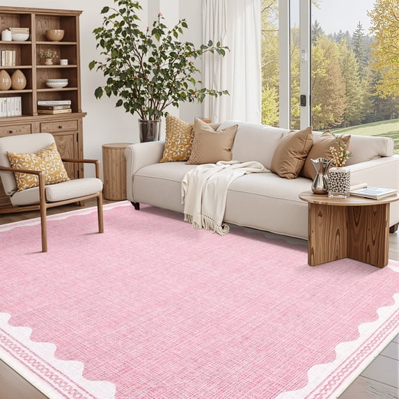 Hasoo Scalloped Washable Area Rug for Living Room Dorm Non Slip Indoor Geometric Bordered Throw Carpet, 6' x 9' Pink