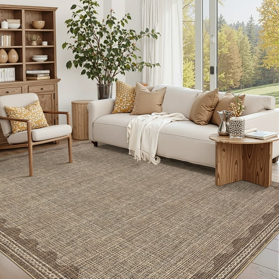 Hasoo Scalloped Washable Area Rug for Living Room Dorm Non Slip Indoor Geometric Bordered Throw Carpet, 8' x 10' Brown