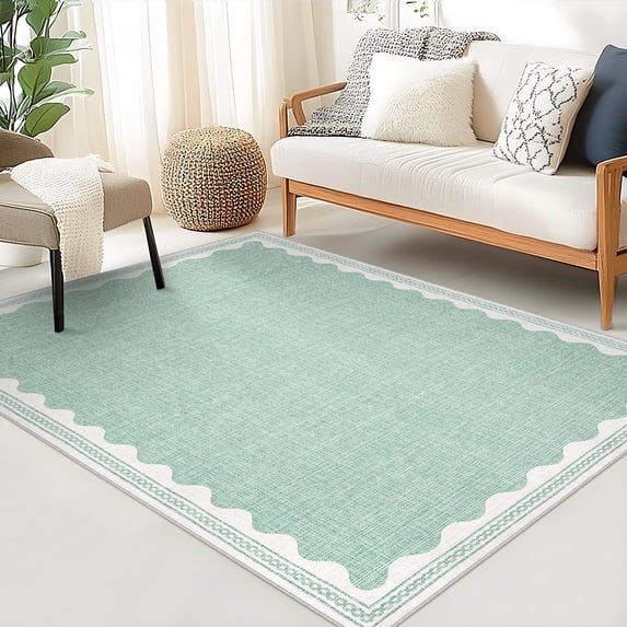 Hasoo Scalloped Washable Area Rug for Living Room Dorm Non Slip Indoor Geometric Bordered Throw Carpet, 8' x 10' Green