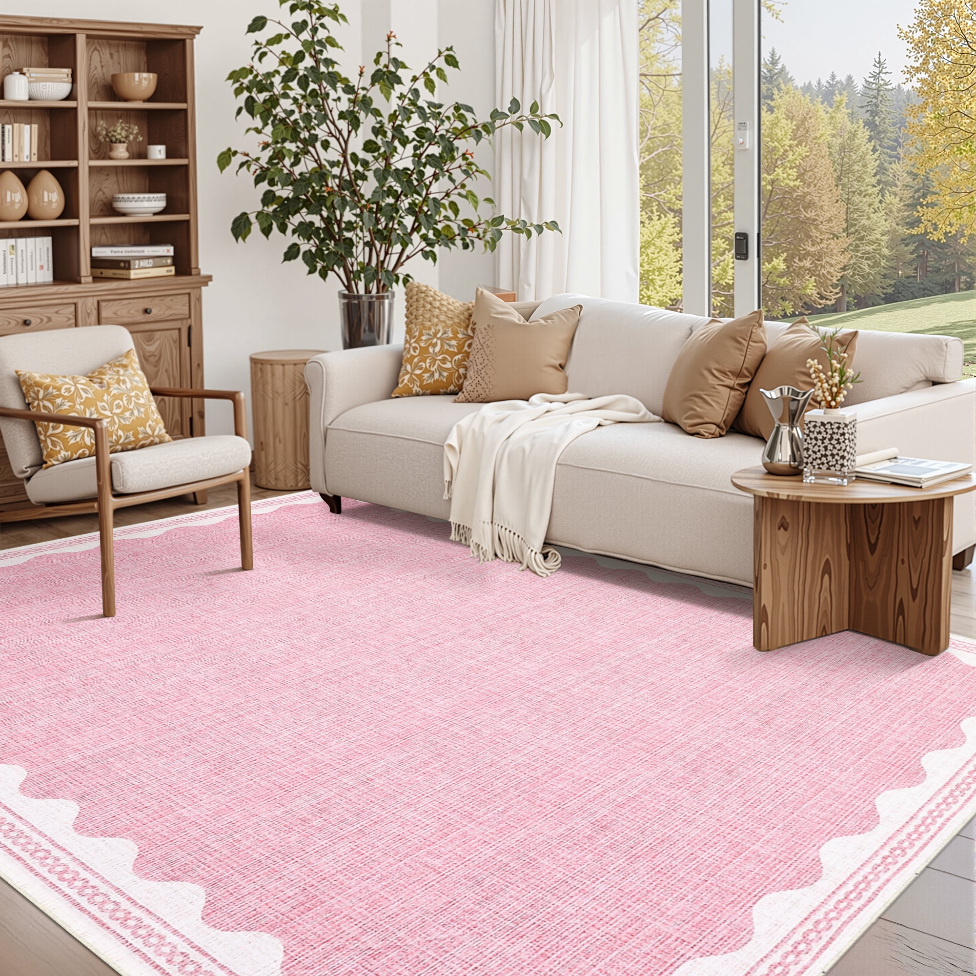 Hasoo Scalloped Washable Area Rug for Living Room Dorm Non Slip Indoor Geometric Bordered Throw Carpet, 8' x 10' Pink